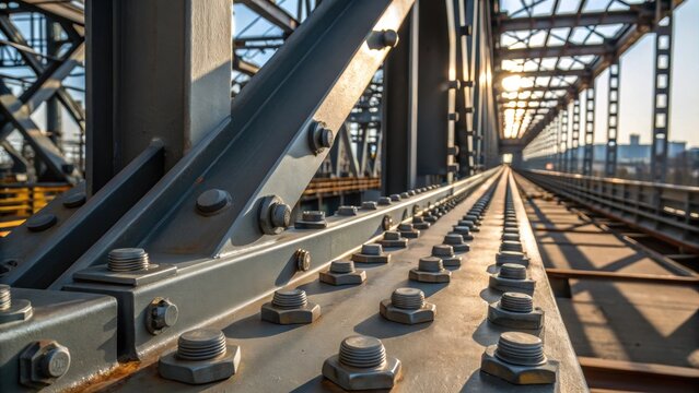 An intricate arrangement of steel frameworks designed for a pedestrian bridge focusing on the bolts and fasteners that hold the components together. The gleam of the metal