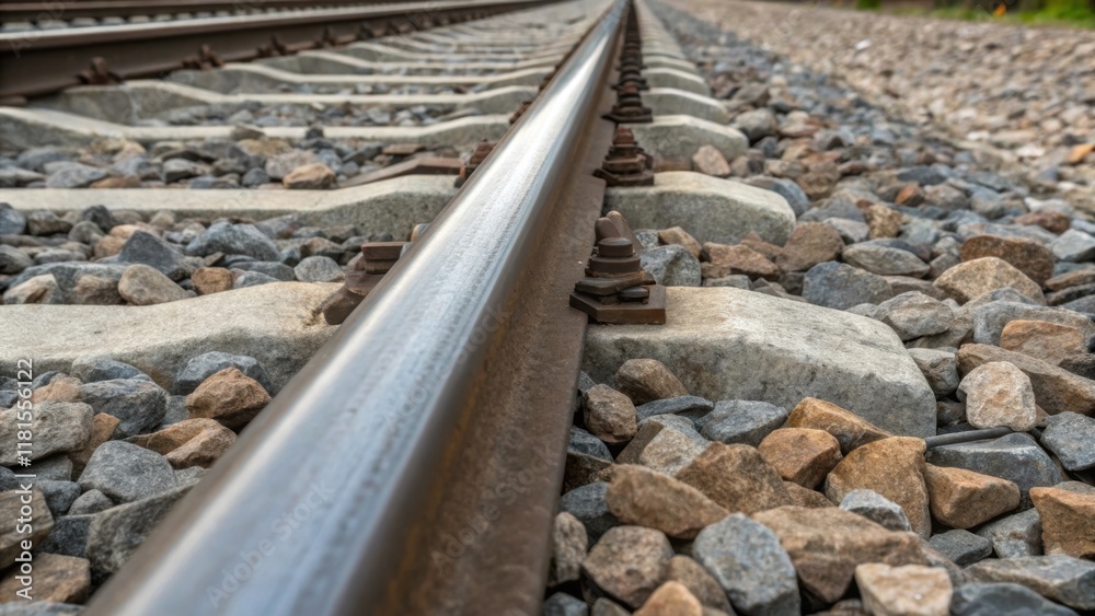 Poster an intricate perspective capturing the interplay of gravel ballast and the metal rail where tiny sto