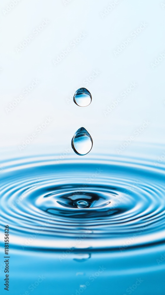 Poster Two water droplets are falling and creating concentric ripples on a blue liquid surface, providing a clean and refreshing concept for various design projects