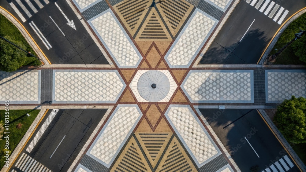 Aufkleber An intricate overhead shot of interconnected modular pedestrian crossings displaying a complex geometric pattern. Each segment features unique textures from polished concrete to