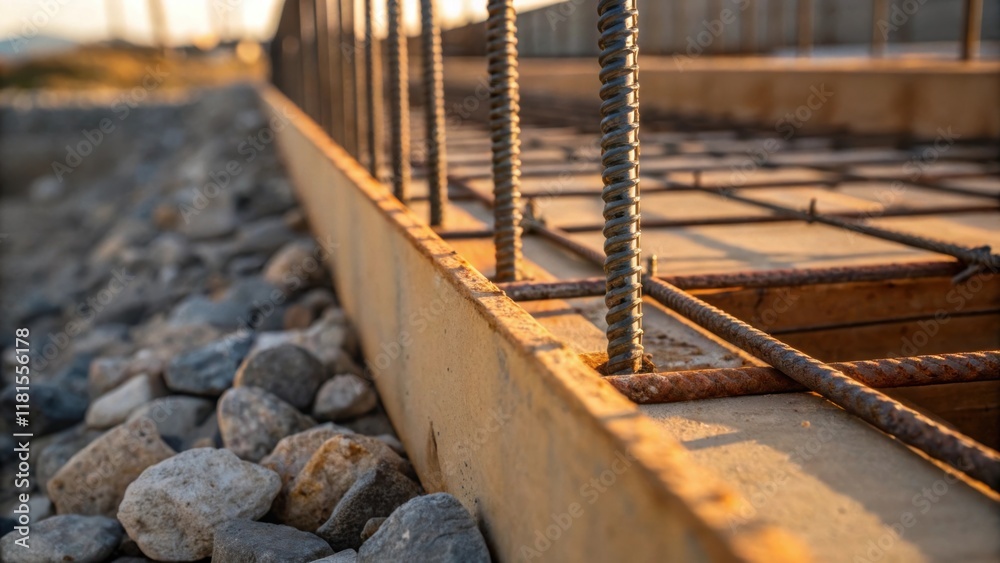 Poster An intricate shot of steel rebar protruding from the formwork of a poured concrete section its rusted surface hinting at strength and longevity while a few tered rocks and pebbles