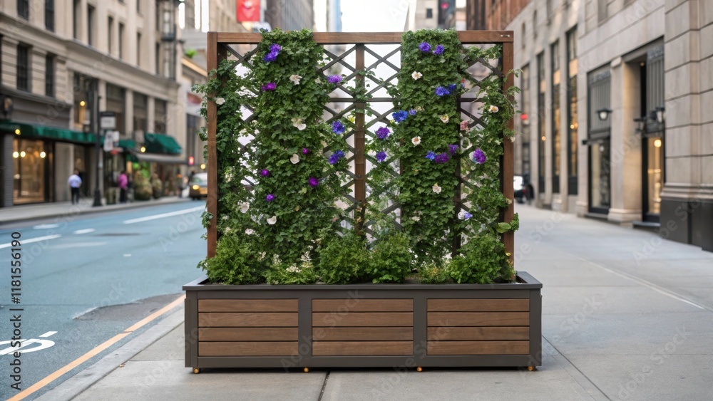 Poster An intricate view of a modular planter box with a trellis system showcasing climbing plants like jasmine and morning glories. The structure of the box supports the vertical growth