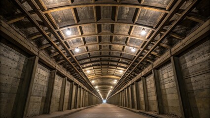 An intricate shot capturing the texture of the tunnel ceiling where steel supports and girders intersect with heavy concrete blocks. The harsh artificial lighting creates stark