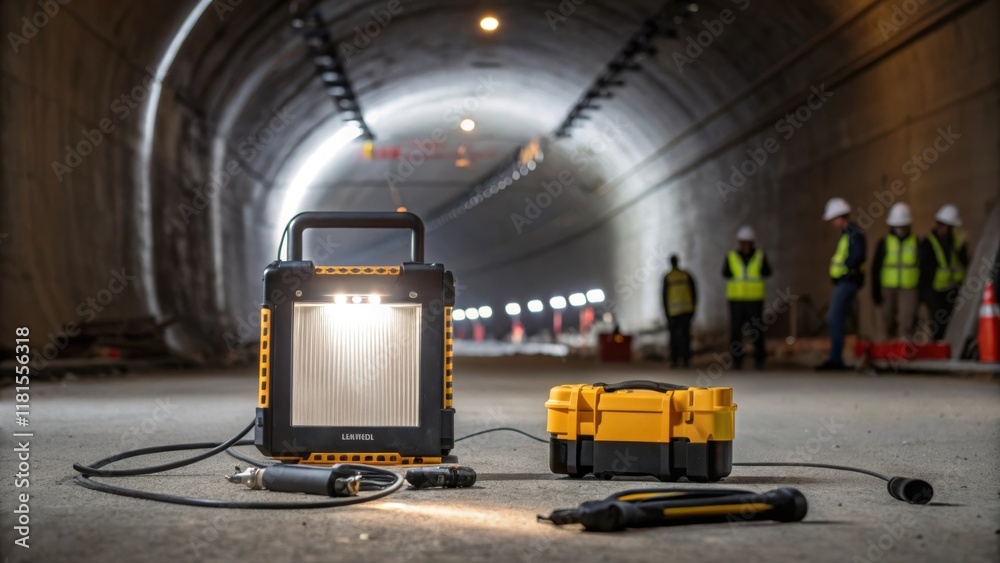 Aufkleber An overhanging work light connected to a sy extension cord a section of the tunnel in a harsh white light. In the foreground tools and equipment tered on the ground are cast into