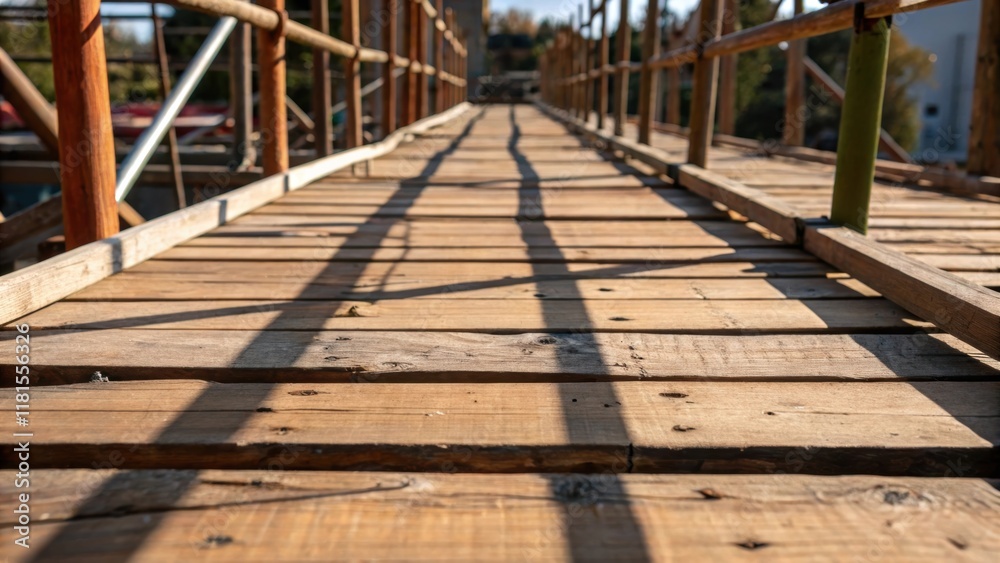 Aufkleber An intricate view of the wooden planks forming the walking surface of the scaffolding splintered edges and a rich weathered texture. Shadows play across the surface with