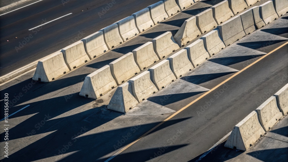 Poster An overhead angle captures a series of concrete barriers lined up in a zigzag pattern along a temporary road their sharp edges casting elongated shadows on the asphalt. The