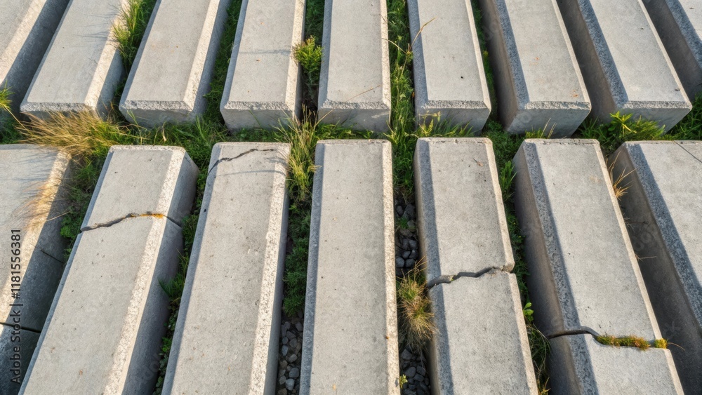 Aufkleber An overhead angle captures the rhythmic pattern of stacked precast concrete barriers. The image displays a clean symmetrical arrangement with a hint of grass poking through cracks