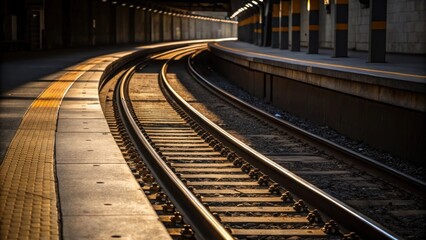 Fototapeta premium An intricate view of the transition point where the rails curve gently into the shadows of the platform showing the careful craftsmanship in welding points. The juxtaposition of