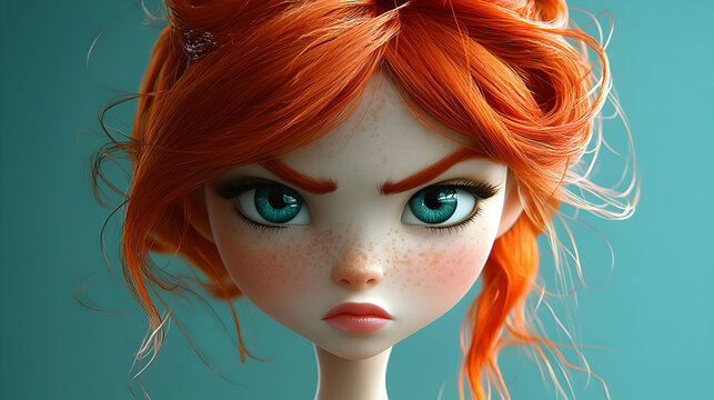Red Hair Girl Expressing Annoyance on Turquoise Background
