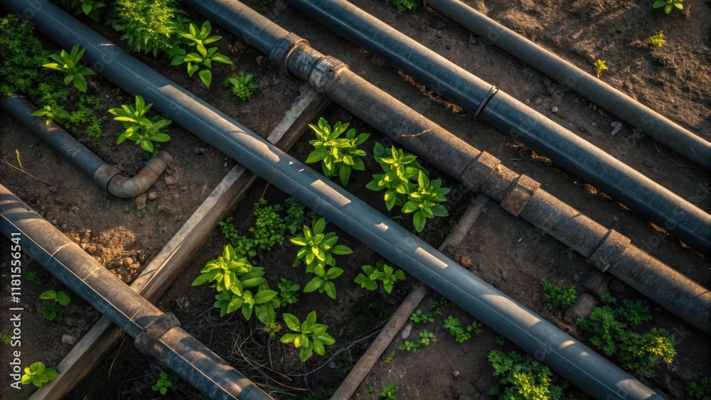 Poster An overhead angle showing the chaotic arrangement of intersecting sewer pipes with vibrant green plants poking through the soil hinting at life amidst the infrastructure. The play