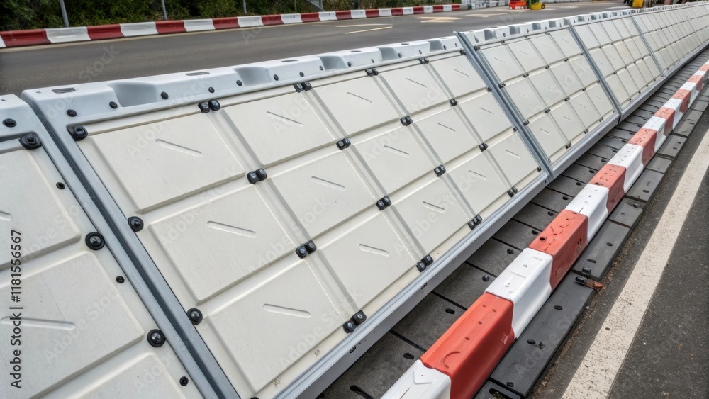 Poster An overhead closeup of a barrier panel displaying its modular panel design. The individual segments are neatly fitted together and we can see the hardware used to attach them