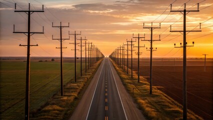 An overhead angle that highlights the arrangement of utility poles lined symmetrically along the roadway the varying heights and angles creating a rhythmic pattern that leads the