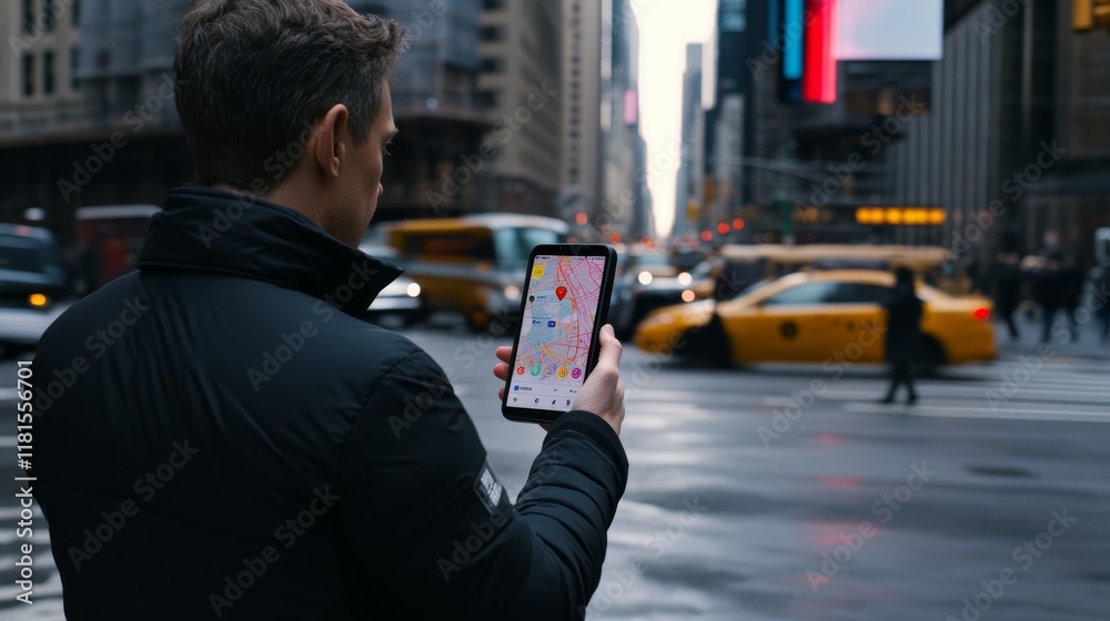 Poster businessman holding smartphone displaying navigation app with map of new york city, standing on busy