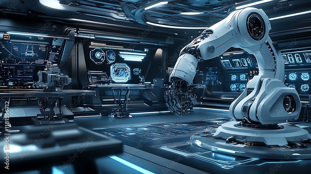 Aufkleber Futuristic Space Lab with Advanced Robotic Arm Technology : Generative AI