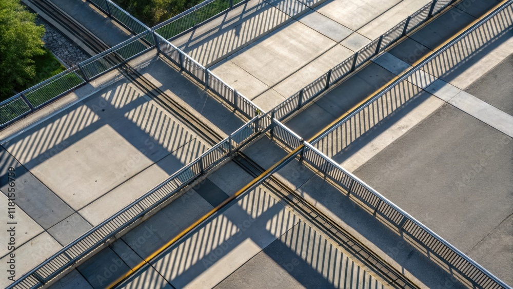 Poster An overhead perspective focuses on the intersections where pedestrian guardrails meet the ground showcasing their purposeful design and alignment. The interplay of light and shadow