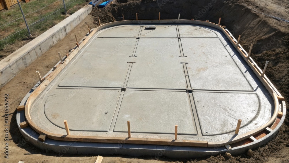 Poster an overhead perspective of a transformer pad freshly poured with concrete showcasing its curvilinear