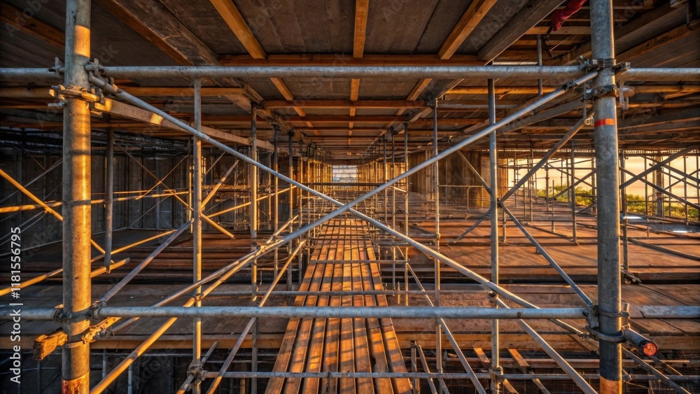 Poster An overhead perspective of scaffolding materials featuring a jumble of cross beams planks and connecting rods all bathed in the glow of the setting sun. The overlapping structures