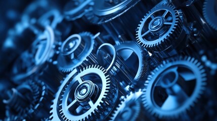 Close-up of complex metallic gears interlocking.