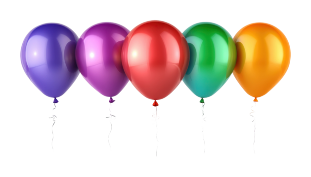 Set of four colorful balloons, purple, green, blue, and red, party decoration, festive celebration, birthday, and holiday event concept isolated on transparent background