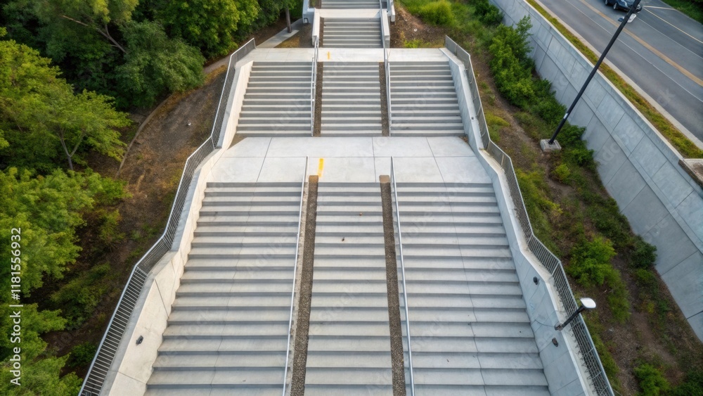 Poster an overhead shot captures a of precast stair units waiting to be integrated into a metro station pro