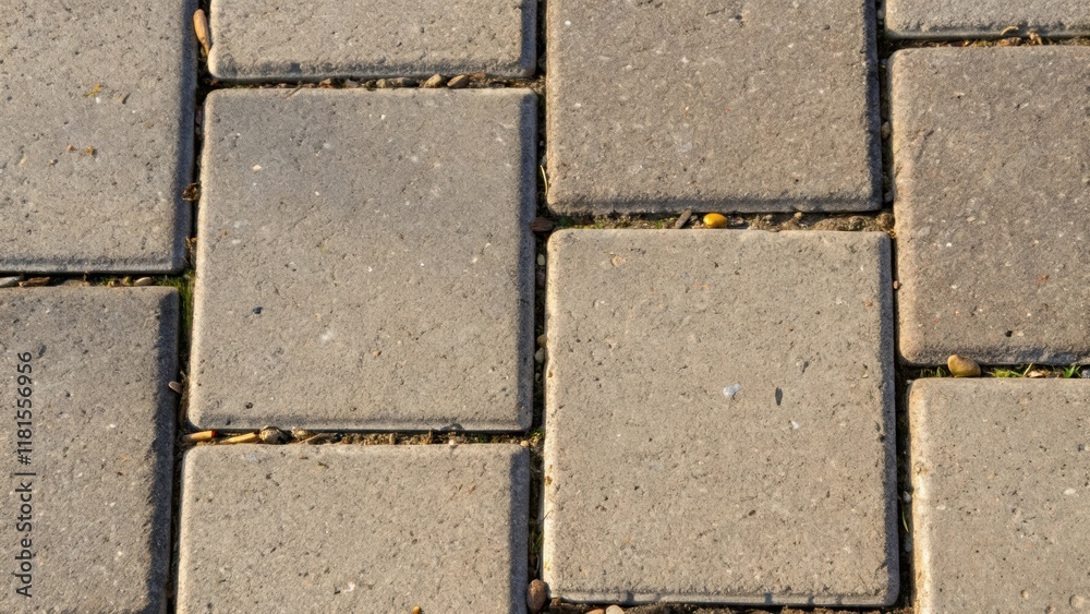 Aufkleber An overhead shot capturing a bundle of rectangular sidewalk slabs each marked by a unique pattern of aggregate peeking through the surface. The image focuses on the corners where