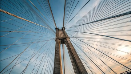 Fototapeta premium An overhead shot captures the geometric beauty of the cables fanning out from the central tower forming a symphony of lines that lead the eye toward the horizon. The slight