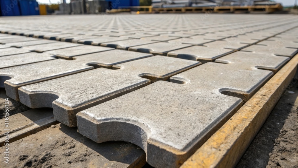 Poster An overhead shot focusing on the interlocking edges of precast concrete slabs illustrating the precision engineering involved. The vibrant contrast of wet concrete against dry