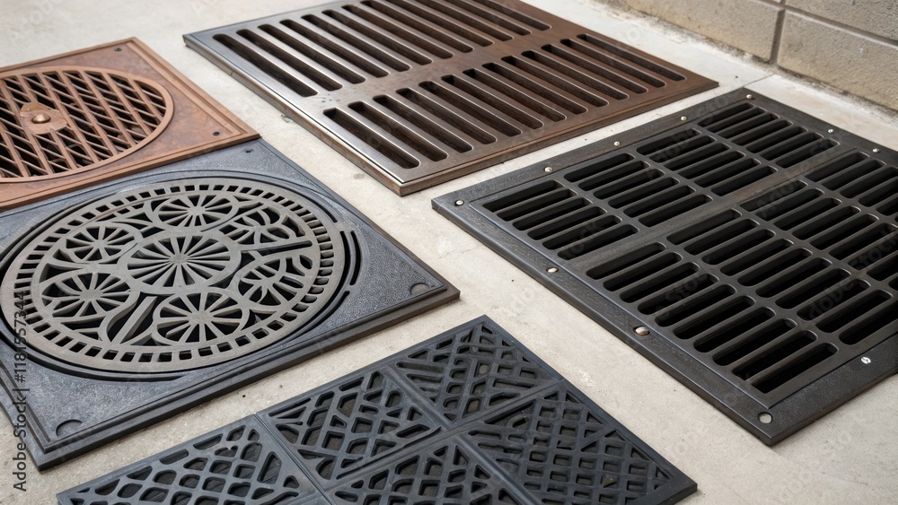 Poster An overhead shot of various drainage grates displaying an array of grill patterns each uniquely engineered for optimal water flow. The contrasts between shiny newly manufactured