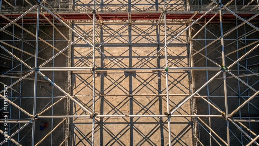 Fototapete An overhead shot of the scaffolding grid showcasing its extensive layout. The pattern of intersecting beams creates a mesmerizing geometric design with shadows dramatically