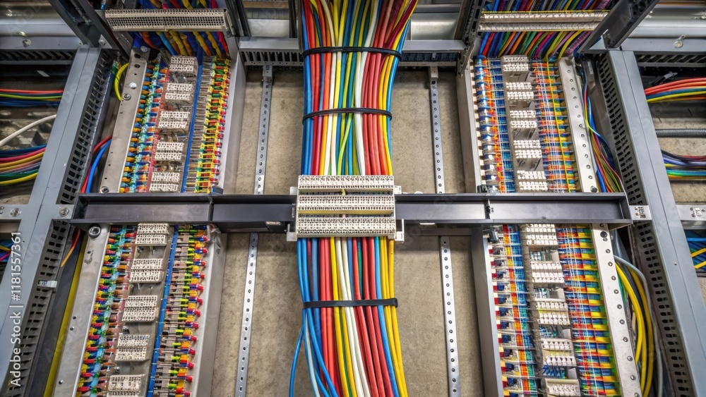 Poster An overhead shot of multiple cable trays converging at a central junction demonstrating the efficient organization of electrical wiring. The trays are densely filled with colorful