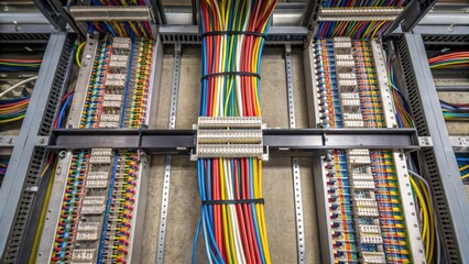 An overhead shot of multiple cable trays converging at a central junction demonstrating the efficient organization of electrical wiring. The trays are densely filled with colorful