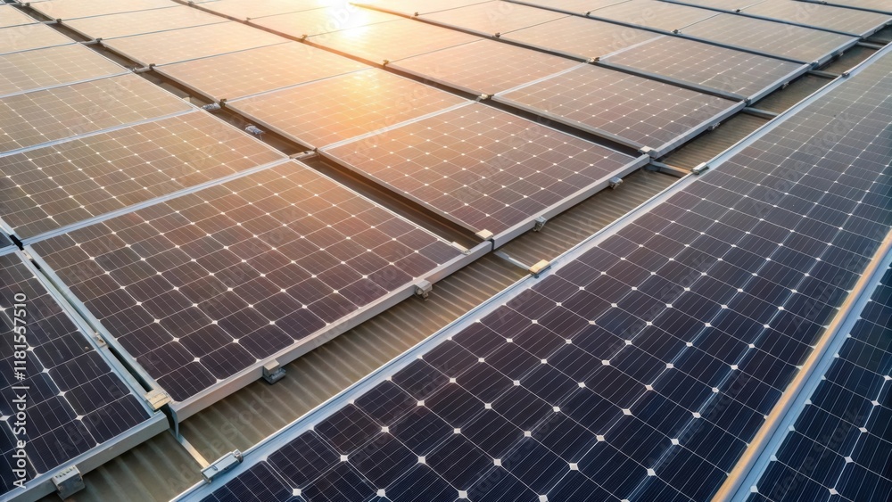 Aufkleber An overhead shot reveals a closeup of solar panels arranged in a grid pattern with shiny surfaces capturing the sunlight. The mounting brackets are visible beneath elaborately