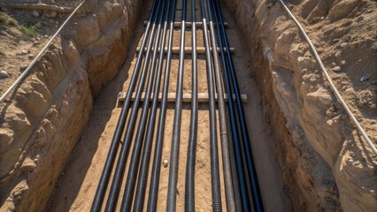An overhead view capturing the organized layout of multiple cable ducts within the trench. The symmetry of the arrangement creates a striking visual pattern with the shadows cast