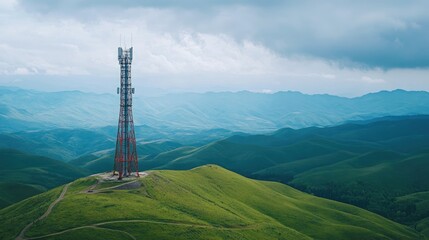 A futuristic telecom tower rising amidst a scenic countryside, symbolizing the fusion of technology and natural beauty