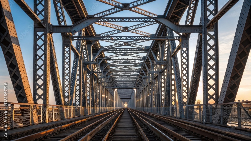 Aufkleber An overhead view of a dense network of steel trusses the geometric patterns forming a rhythmic assembly that leads to the elevated rail tracks beyond. The interplay of light and