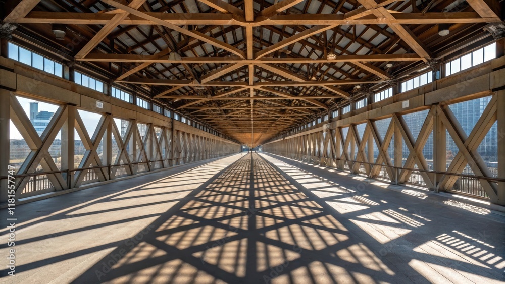 Leinwandbilder An overhead view of a lattice of beams crisscrossing beneath an elevated walkway casting intricate shadows on the ground below with sunlight filtering through the open spaces