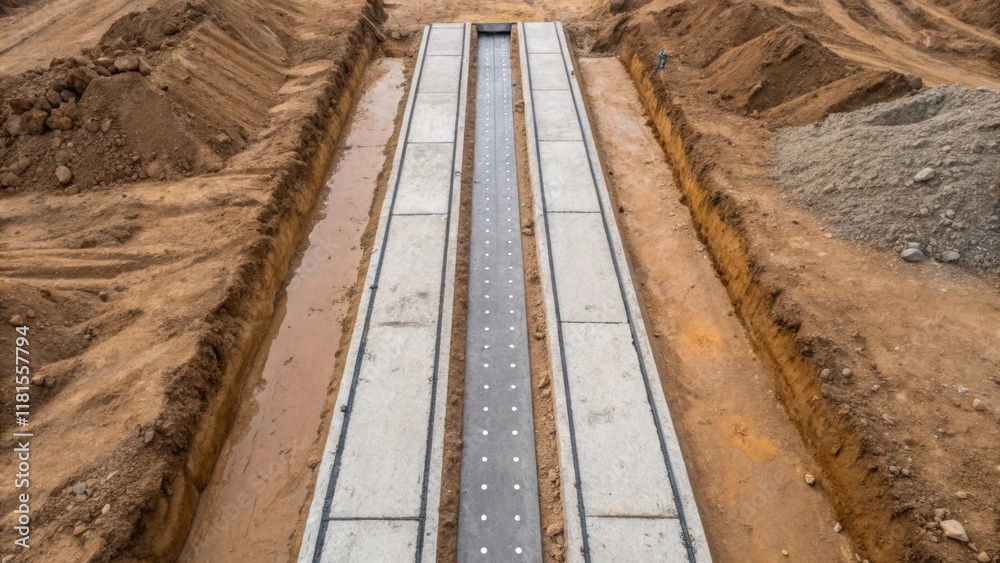 Poster an overhead view of a newly prepared drainage channel placement site where the channels are lined up