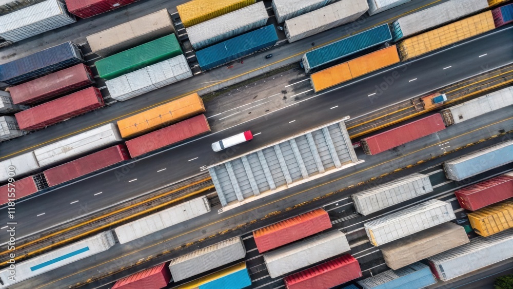 Poster An overhead view of assembled pedestrian bridge modules densely packed and ready for transport. The image captures the variety of colors and textures showcasing the versatility of