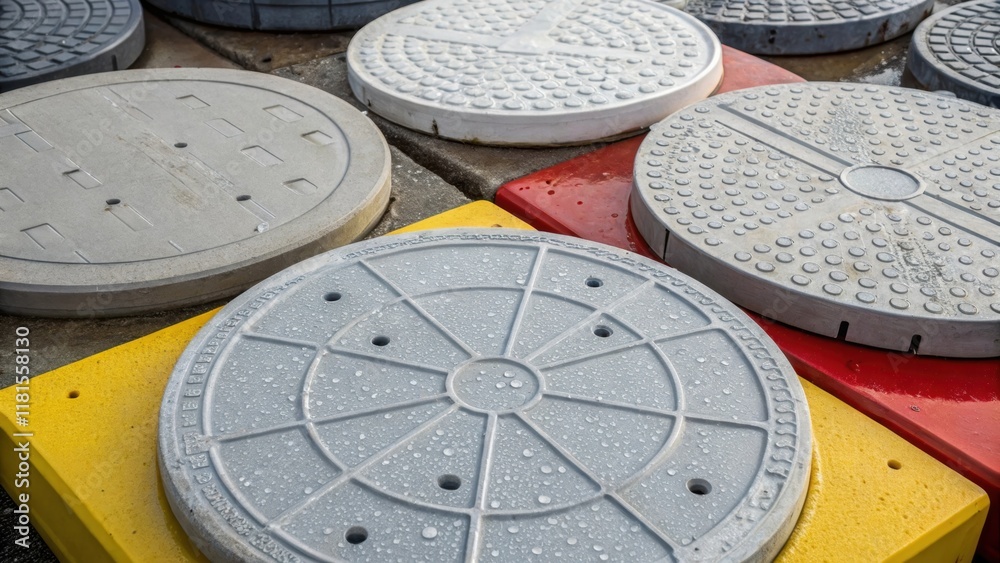 Poster an overhead view of various precast manhole covers arranged by size and shape their surfaces gleamin