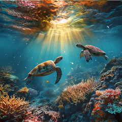 Fototapeta premium A Magical Underwater Garden with Glowing Coral and Turtles