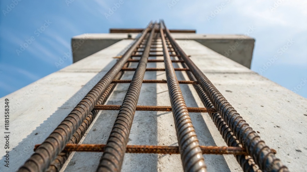 Poster An upclose angle that captures the heavy steel rebar protruding from the top of a precast column illustrating the structural reinforcement intended for bridge stability. The