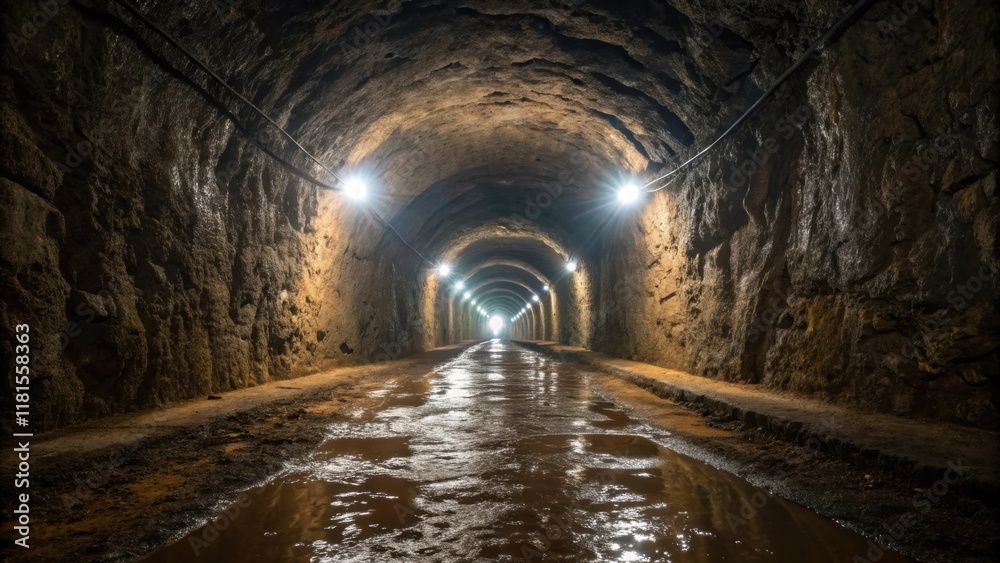 Poster an underground tunnel mouth illuminated by bright safety lights that reflect off the damp slick wall