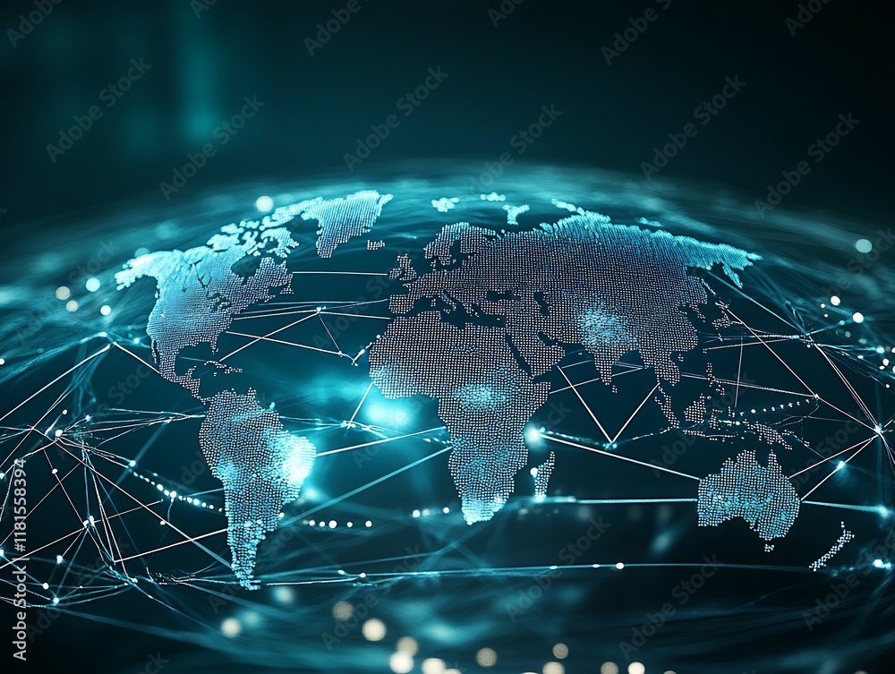 Poster Digital Global Connectivity Map With Dark Blue Network Lines and Technological Nuances : Generative AI