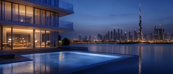 Luxury waterfront villa with infinity pool at night. Stunning city skyline view. Modern architecture, upscale interior.
