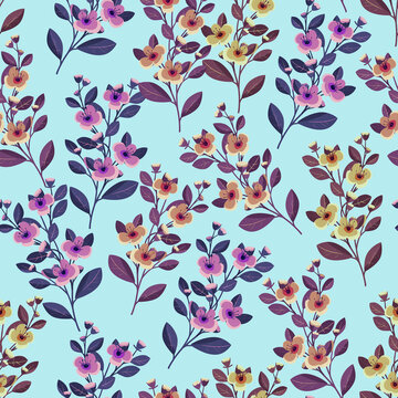  seamless pattern with watercolor hand - drawn flowers, branches and leaves. textile print.