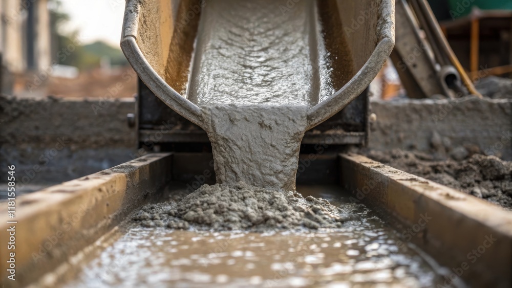 Poster An upclose glimpse of a concrete mixer pouring its contents into a form reveals the viscous flow of wet concrete blending seamlessly with the rough textures of the surrounding