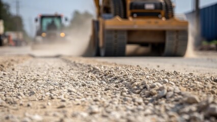 An upclose inspection of the compacting process where heavy machinery has pressed down on the gravel. The image highlights the granules slightly blending together at the surface