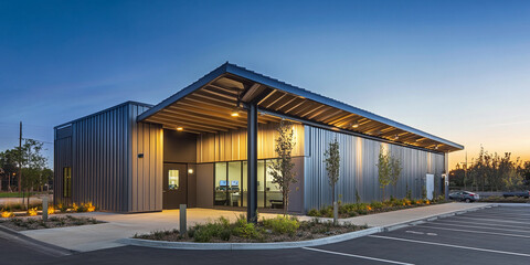 Obraz premium Modern building with sleek design at dusk in a quiet area