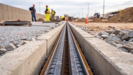 Naklejka premium An upclose look at an expansion joint section amidst a worksite capturing the gritty surroundings of loose gravel and construction materials with workers in the background