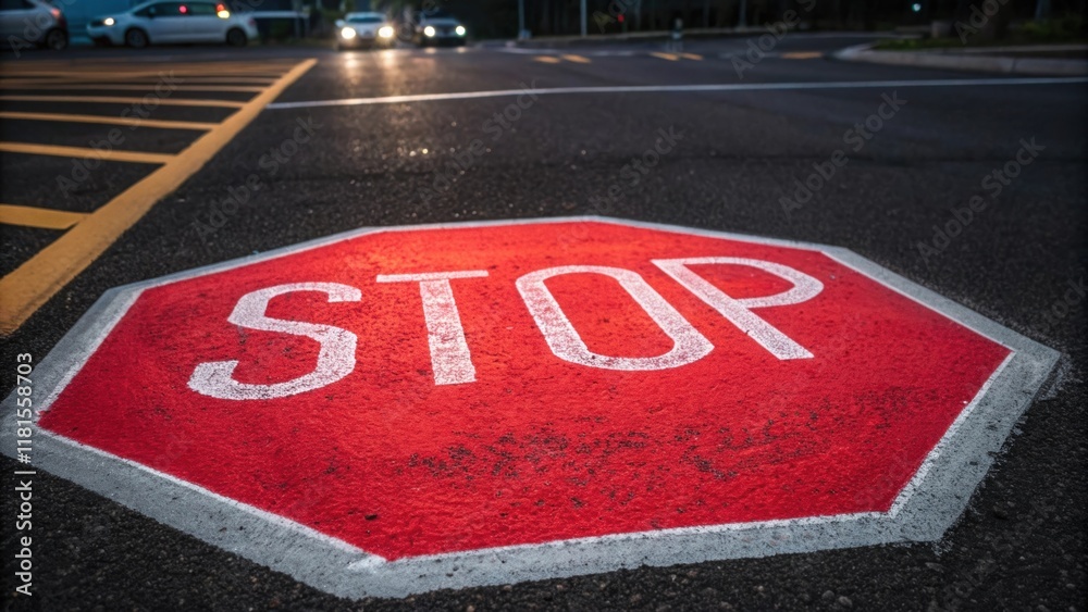 Aufkleber An upclose perspective of a freshly painted STOP sign on a newly asphalted intersection. The paint is bright red almost luminescent surrounded by the deep black of the pavement.